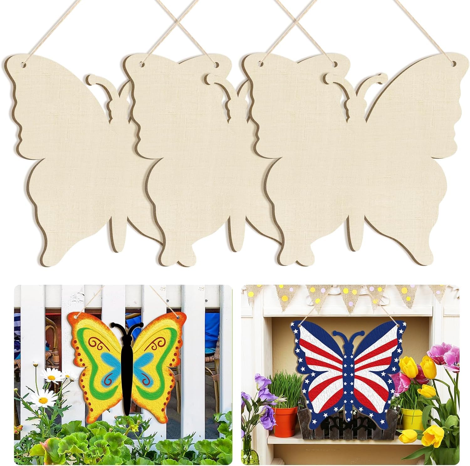 Butterfly-shaped wooden signs with decorative butterflies on a white background