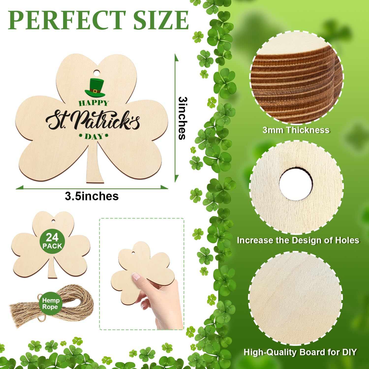 Wooden shamrock cutouts with St. Patrick's Day design, measurements, and materials on a green background.