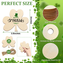 Wooden shamrock cutouts with St. Patrick's Day design, measurements, and materials on a green background.