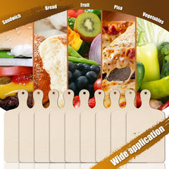 Collage of food items with labels and a set of wooden cutting boards.