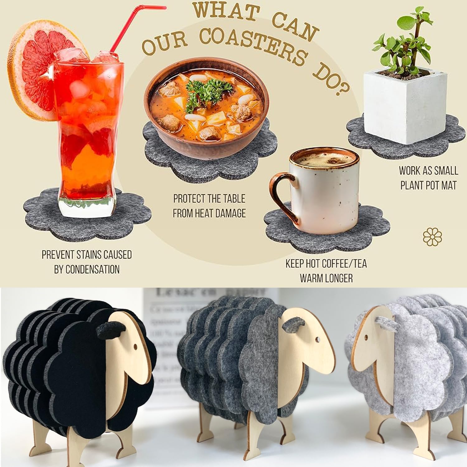 Sheep-shaped coasters with various uses displayed on a beige background