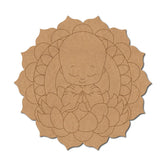 Cardboard cutout of a baby with lotus flowers in a mandala pattern on a white background
