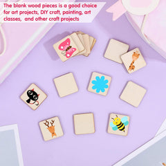 Wooden square pieces with animal illustrations on a purple surface
