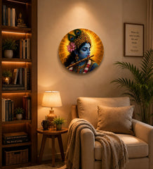 American Elm Lord Krishna Round Wall Hanging Circle Wall Decor 3 mm Thick Sunboard HD Printed Spiritual Wall Art for Home, Pooja Room & Office