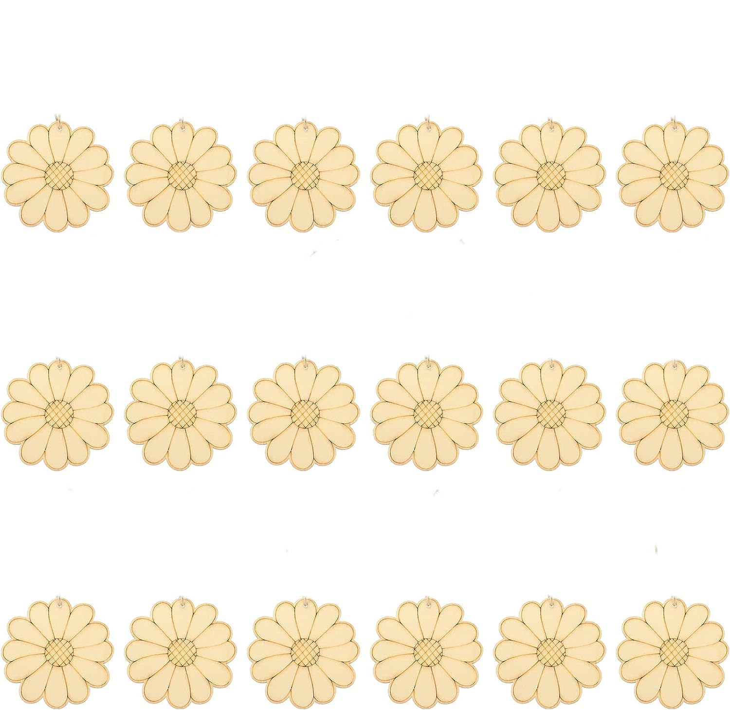 Set of 18 beige flower-shaped earrings on a white background