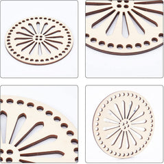 Four wooden coasters with decorative cut-out patterns on a white background