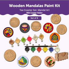 Wooden Mandalas Paint Kit with paint colors and tools on a white background