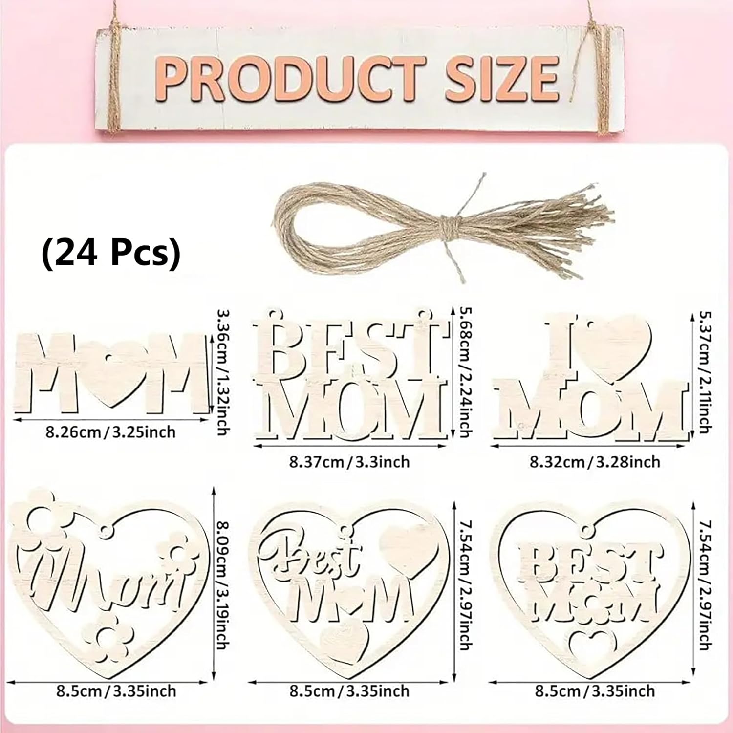 Product size chart for decorative items with 'Mom' and 'Best Mom' text on a pink background.