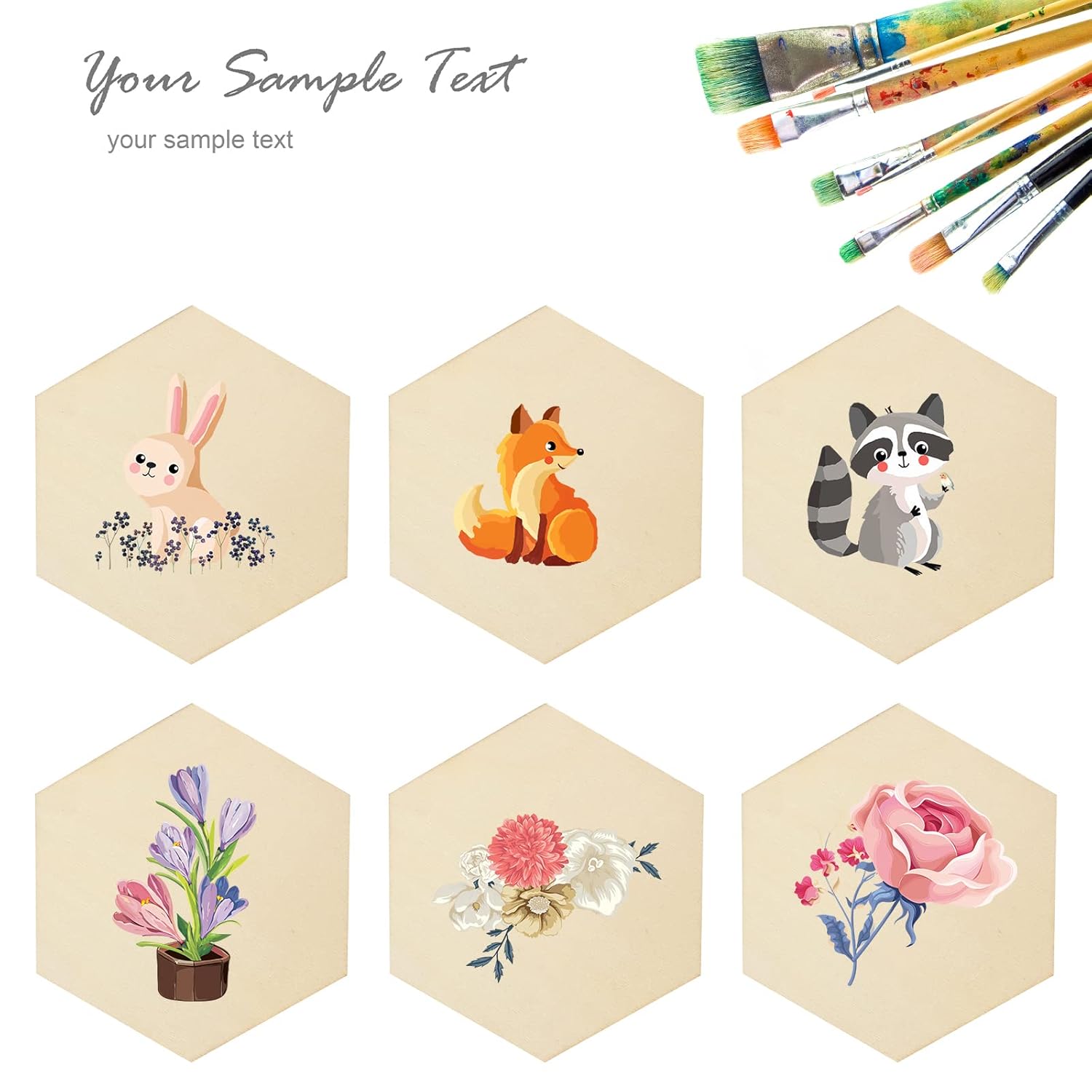 Hexagonal coasters with animal and floral designs on a beige background, with paintbrushes at the top.