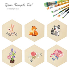 Hexagonal coasters with animal and floral designs on a beige background, with paintbrushes at the top.