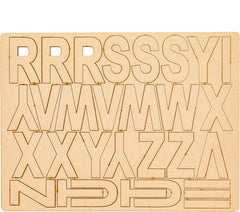 Wooden letter and symbol puzzle on a beige background