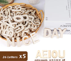 Wooden letters in a basket with 'NICE DAY' and 'AEIOU' displayed, on a white background.