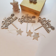 Cliths Pack of 10 Merry Christmas Cake Toppers MDF Wooden Holiday Decor for Xmas Cakes, Centerpieces