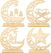 Set of four gold metal Eid decorations with crescent moon and star designs.