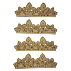 Set of four decorative wooden tiaras with leaf patterns on a white background