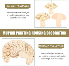 Wooden DIY mushroom decorations with text on a white background