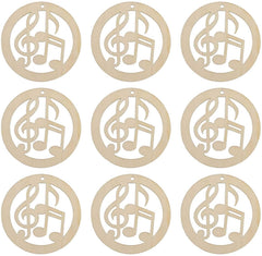 Nine wooden cutouts with musical notes on a white background