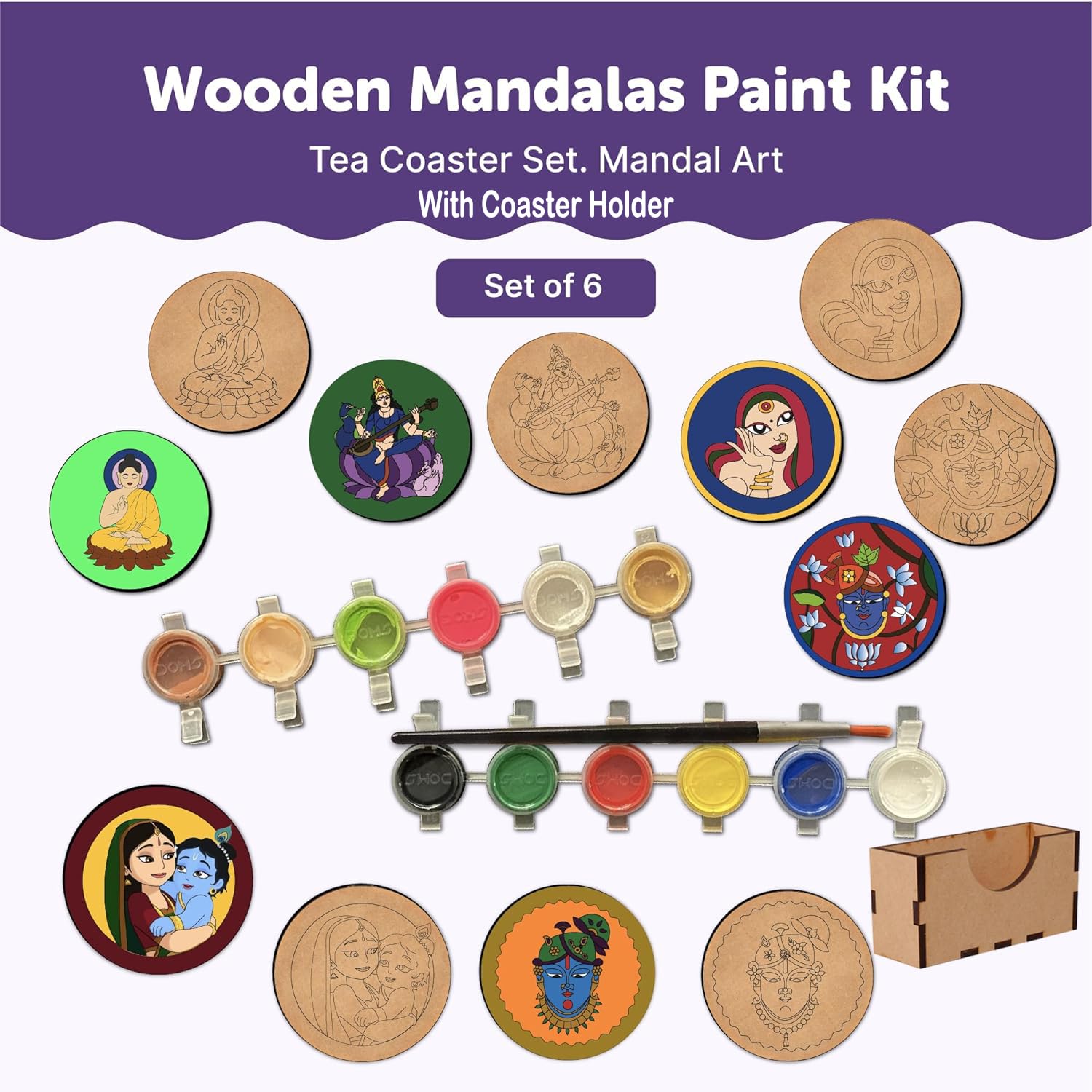 Wooden Mandalas Paint Kit with paint colors and a coaster holder on a white background