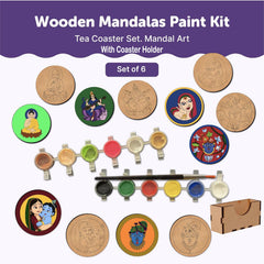Wooden Mandalas Paint Kit with paint colors and a coaster holder on a white background