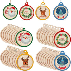 Set of Christmas-themed wooden ornaments with various designs on a white background.