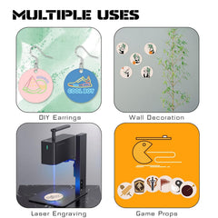 Product display with DIY earrings, wall decoration, laser engraving machine, and game props.
