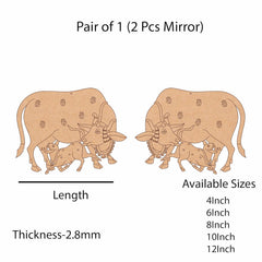 Wooden bull figures with decorative patterns on a white background, showing available sizes.