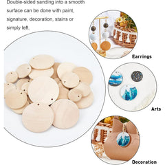 Wooden round shapes with earring hooks on a white plate, surrounded by images of earrings and art pieces.