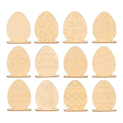 Set of wooden Easter egg-shaped coasters with various patterns on a white background