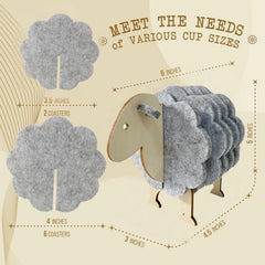 American Elm Set of 6 Grey Felt Coasters with Wool Sheep Stand Mixed Sizes All Cups Heat-Resistant Drink Pads