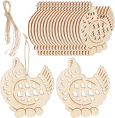 Wooden chicken-shaped ornaments with a decorative basket on a white background
