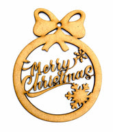Wooden Christmas ornament with 'Merry Christmas' text and bow on a white background