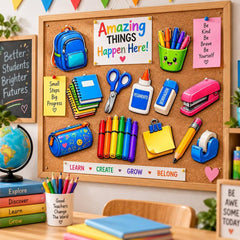 Pack of 28 School Supplies Themed Printed MDF Cutouts for Classroom Decoration and Kids Room Decor Backpack Books Pencil Design Ready to Use American Elm
