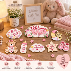 Welcome Baby Photo Shoot Kit Set of 9 Wooden Props Newborn Photography Decor Props Nursery Keepsake Themed Prop Set American Elm
