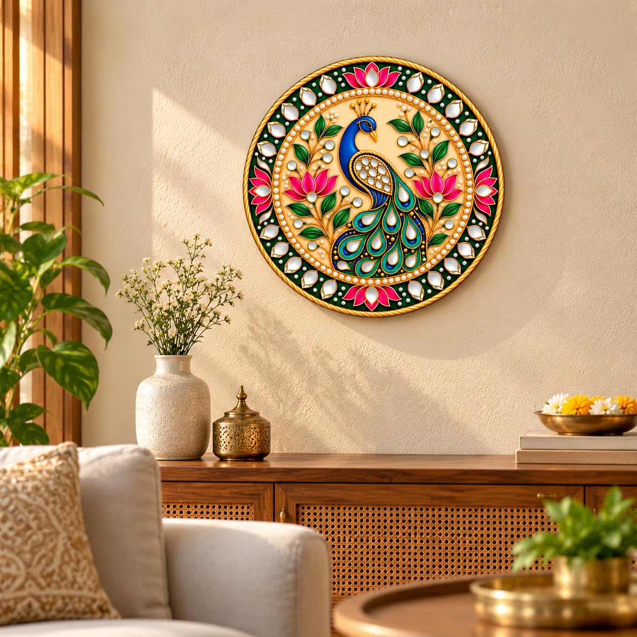 Round Peacock Wall Art for Pooja Room Decoration