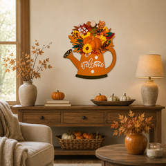 American Elm Welcome Watering Can Fall Wall Hanging with Pumpkin Sunflowers and Autumn Leaves for Front Door Porch and Entryway Decor Ready to Hang