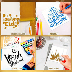 Collage of various art supplies and activities for creating Eid-themed designs.