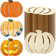 Stack of wooden pumpkin-shaped cutouts with colorful pumpkin illustrations on a white background.