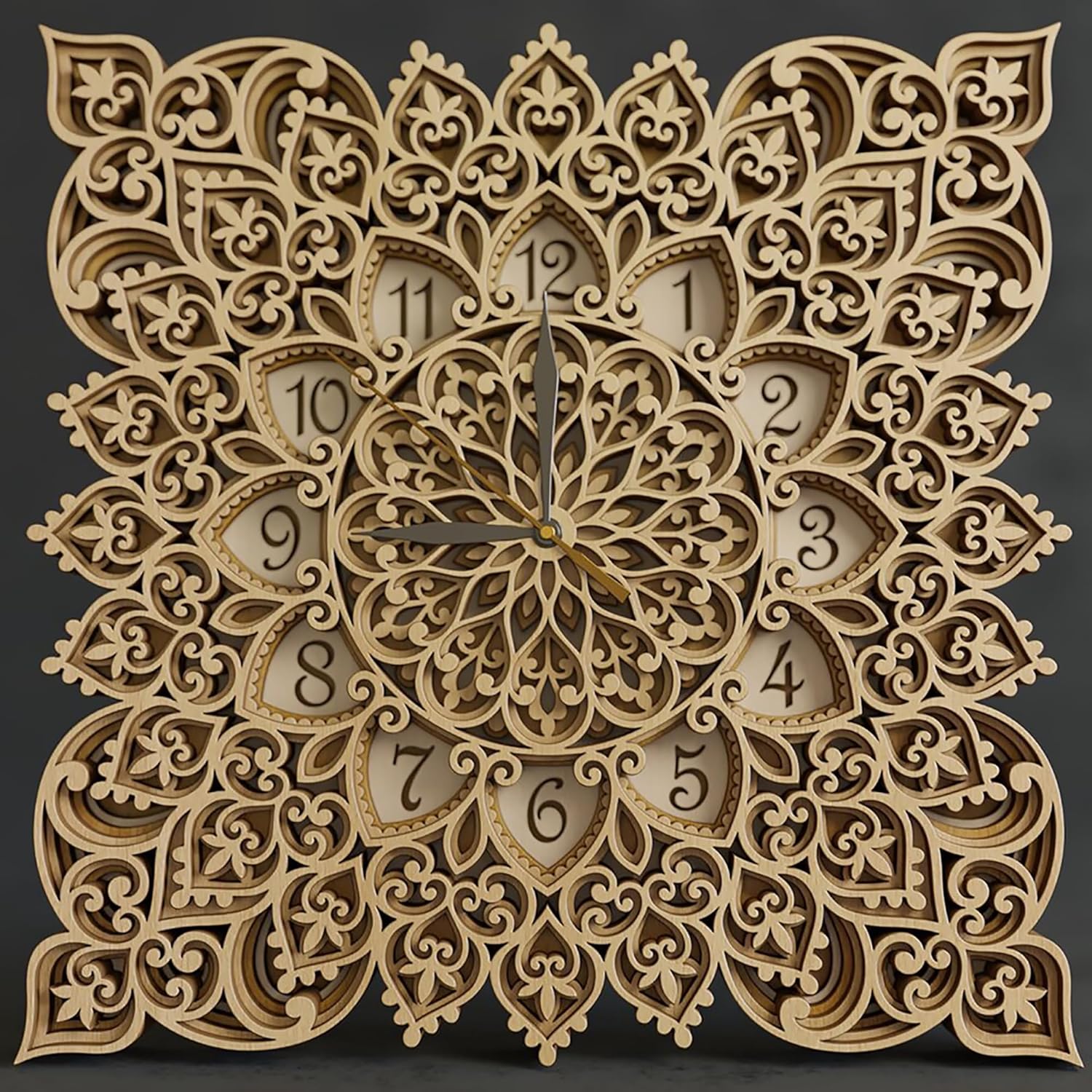 Decorative wooden wall clock with intricate patterns and numbers on a dark background