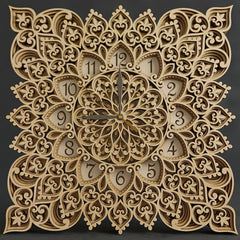 Decorative wooden wall clock with intricate patterns and numbers on a dark background
