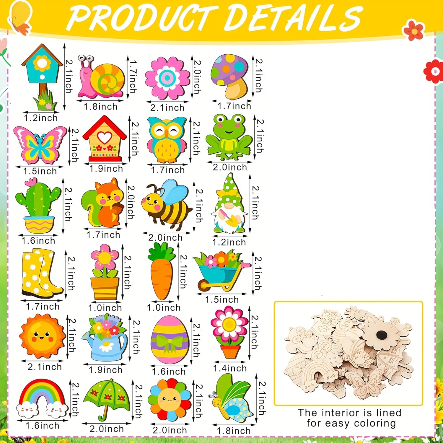 Set of small wooden toys with dimensions and a sample interior lining for coloring.