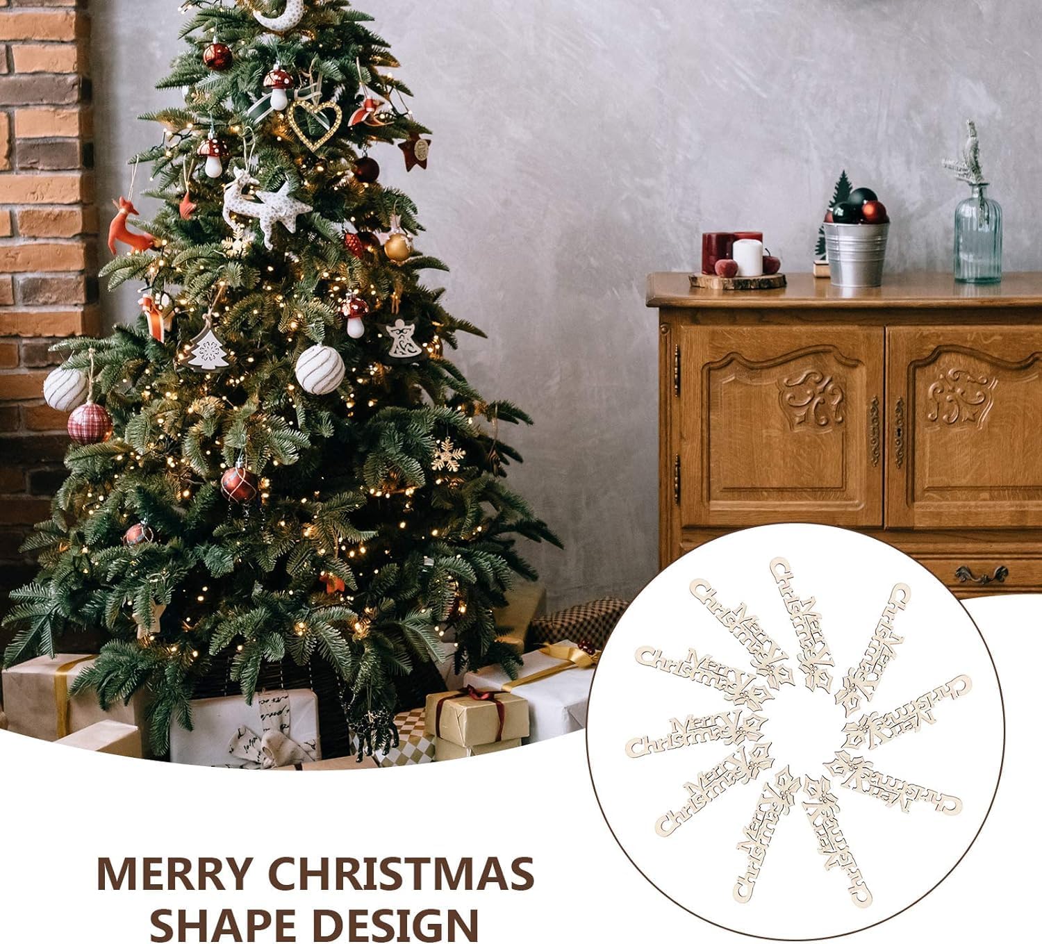 Decorated Christmas tree with ornaments and a wooden cabinet in the background, featuring a close-up of decorative shapes.