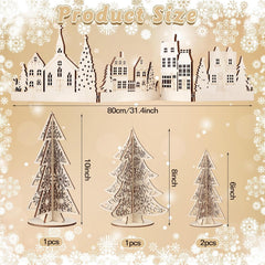 Measurement chart of decorative Christmas trees with sizes and snowflake designs on a beige background.