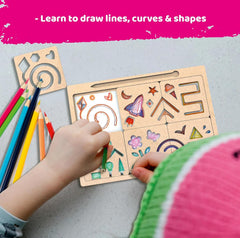 Child using a wooden shape sorting toy with colorful pencils on a gray surface, text 'Learn to draw lines, curves & shapes' at the top.