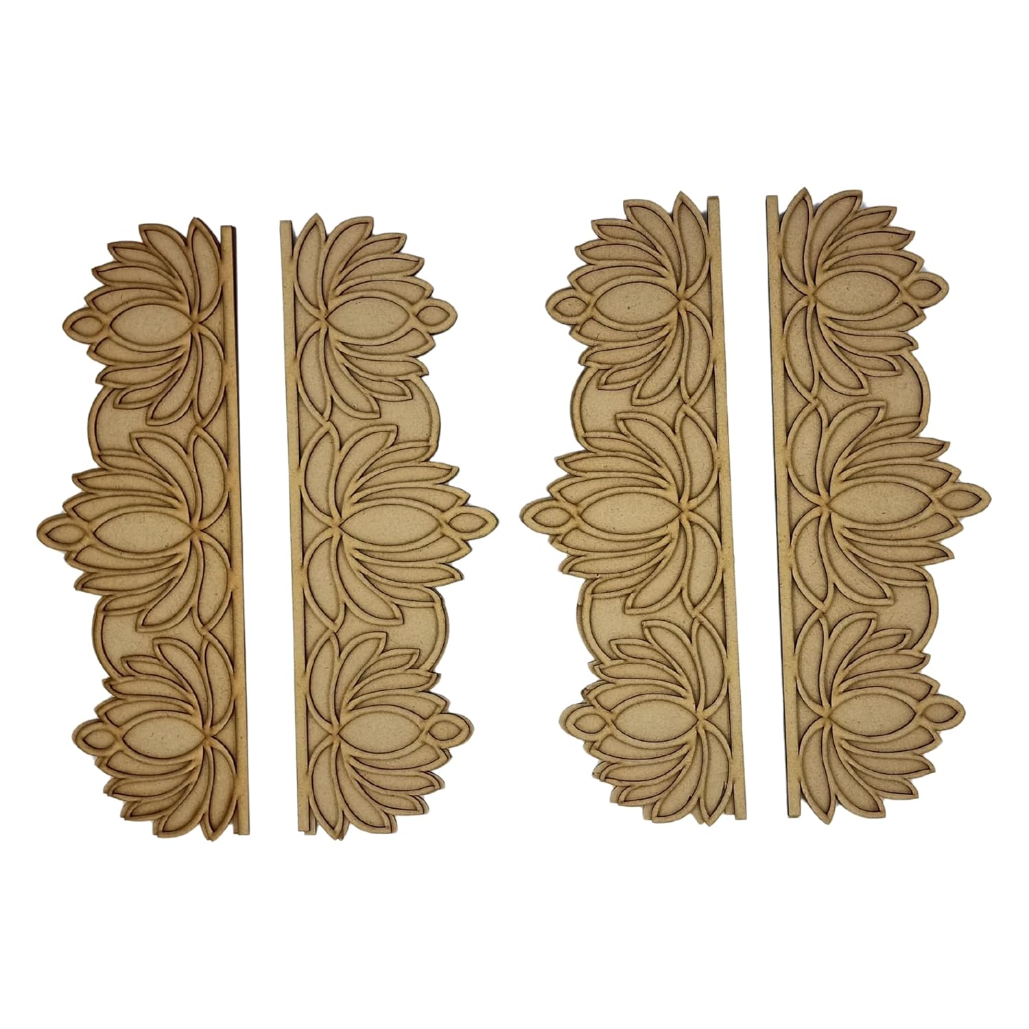 Set of four wooden decorative panels with floral patterns on a white background
