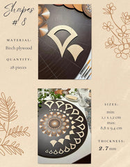 Birch plywood shapes with measurements and material details on a beige background