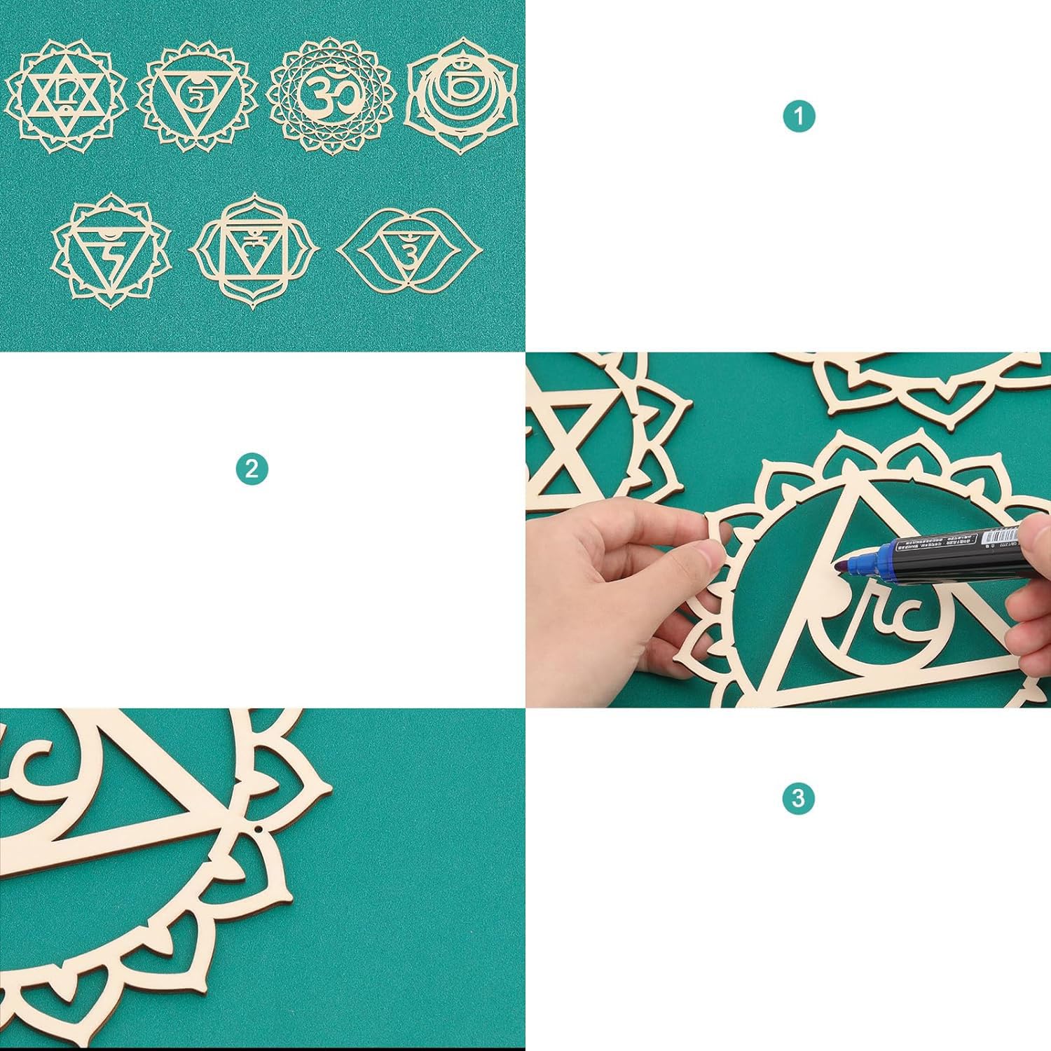 Step-by-step process of creating decorative cut-out shapes with a marker on a teal background.