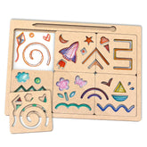 Wooden puzzle with colorful cut-out shapes on a white background