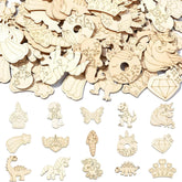 Assorted wooden cutouts with various shapes and designs on a light background