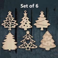 Set of six wooden Christmas tree ornaments on a dark background