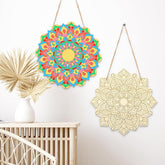 Colorful and gold mandala wall art pieces hanging on a white wall.